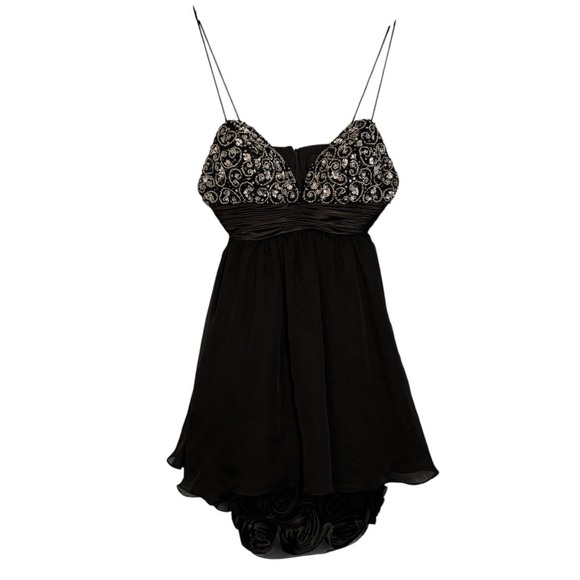 Mac Duggal Black Beaded V Neck Chiffon‎ Rose Hem Mini Formal Dress Size 4 Party - Picture 2 of 13